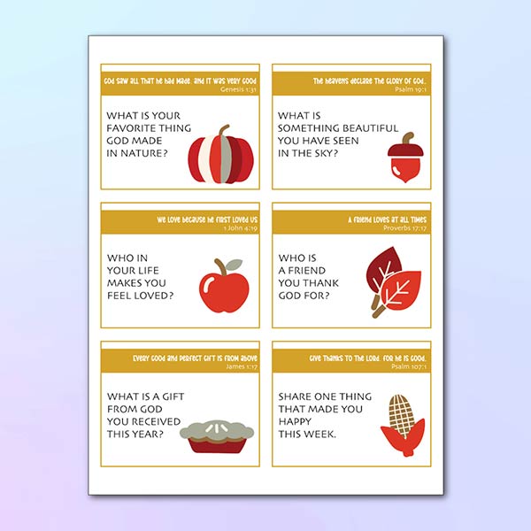 Printable Bible-based Thanksgiving prompts with 54 cards to encourage gratitude, faith discussions, and family holiday traditions.