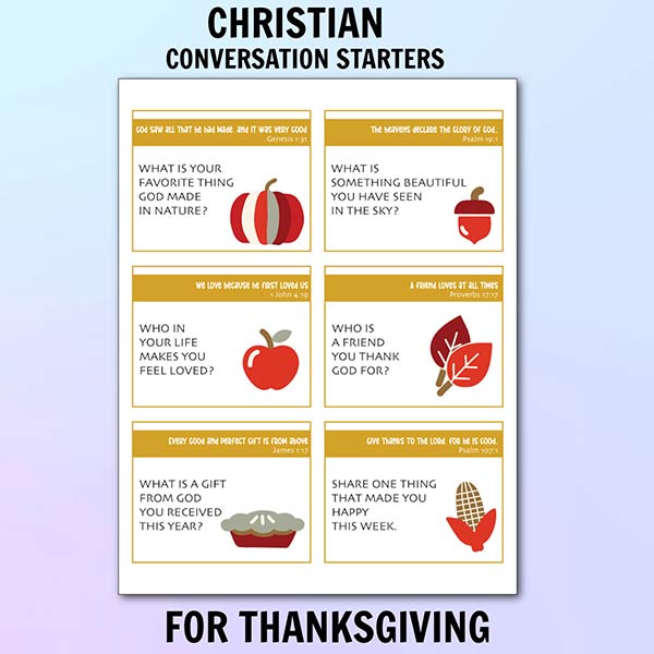 Thanksgiving Bible conversation starter cards printable set with scripture-based gratitude prompts for family dinner and Christian gatherings.
