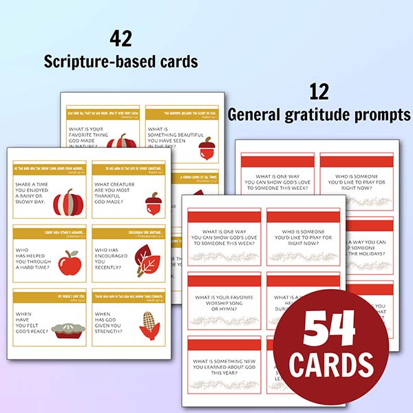 Scripture conversation cards for Thanksgiving, perfect Christian activity for kids, homeschool lessons, and family gratitude reflections.