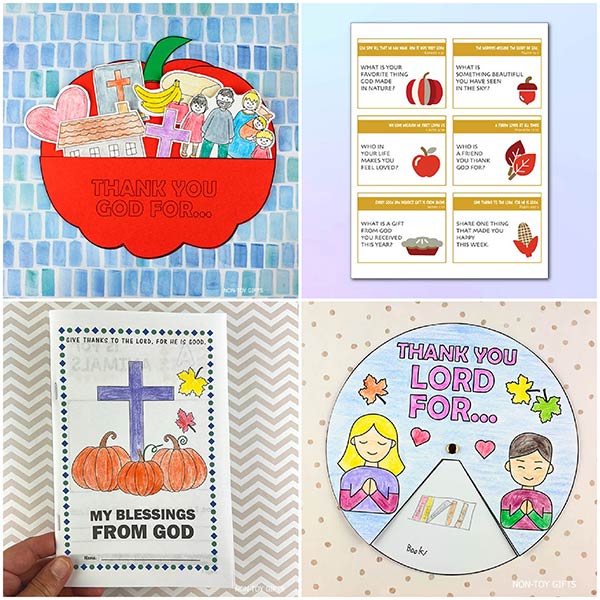 Printable Thanksgiving Christian craft bundle for kids featuring a Thank You God pumpkin, gratitude spinner, A–Z blessings booklet, and Bible conversation cards — ideal for teachers and parents.