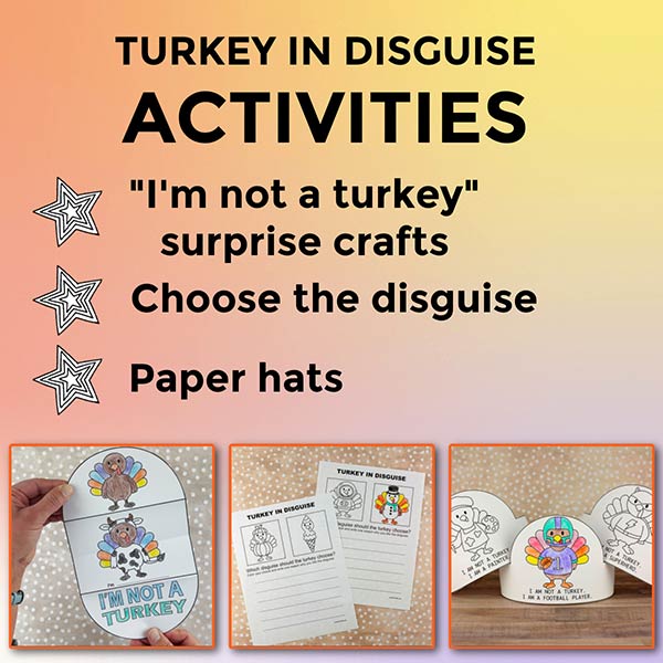 Fall and Thanksgiving printable craft where children color, cut, and decorate a disguised turkey