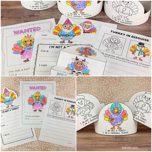 Turkey in Disguise printable activity pack with writing prompts and Thanksgiving crafts for kids