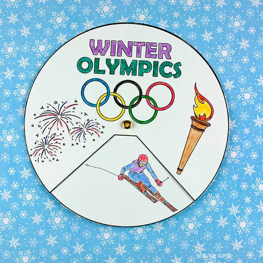 Printable Winter Olympics spinner craft for kids featuring sports like hockey, skiing, snowboarding, and figure skating. Fun classroom and homeschool activity.