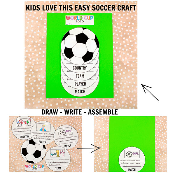 Printable soccer craft for kids with writing prompts, fun World Cup activity for children to create and write about favorite teams and players