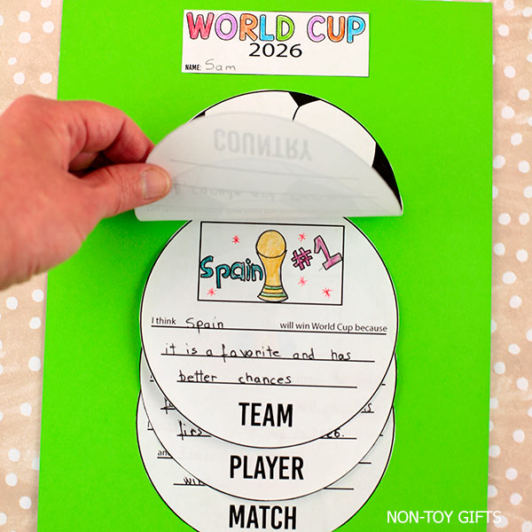 Soccer writing craft printable kids classroom activity, World Cup craft with flip circles country team player match engaging sports activity