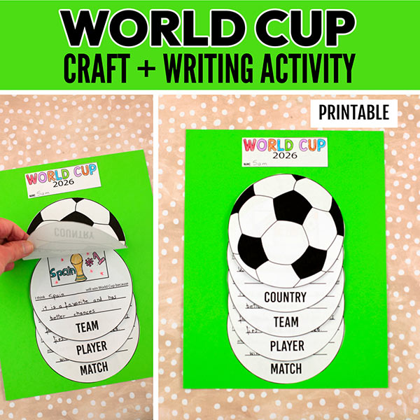 Soccer craft and writing activity printable for classroom, World Cup themed interactive writing craft with country team player match prompts for elementary students