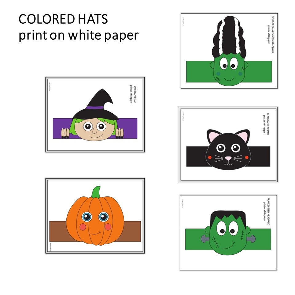pre-colored Halloween paper hats craft printable template for daycare and classroom