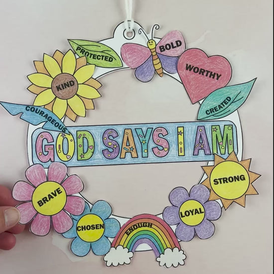 Printable Identity in Christ activity for kids with a God Says I Am wreath to color, cut, assemble and display.