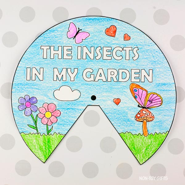 Insect Craft for Kids - Coloring Insects in the Garden Spinner Craft for Spring