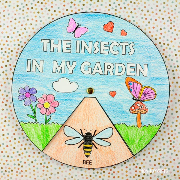 Insect Craft for Kids - Coloring Insects in the Garden Spinner Craft for Spring