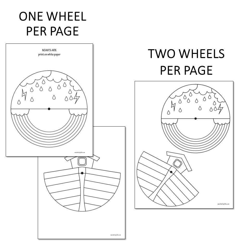 Easy Bible craft: Easy Noah's Ark paper spinner craft for kids, with printable templates available in two sizes for a fun, hands-on Bible learning activity.